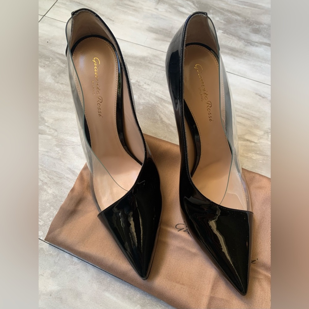 Gianvito Rossi patent leather black clear heels pumps sandals shoes PVC size 38